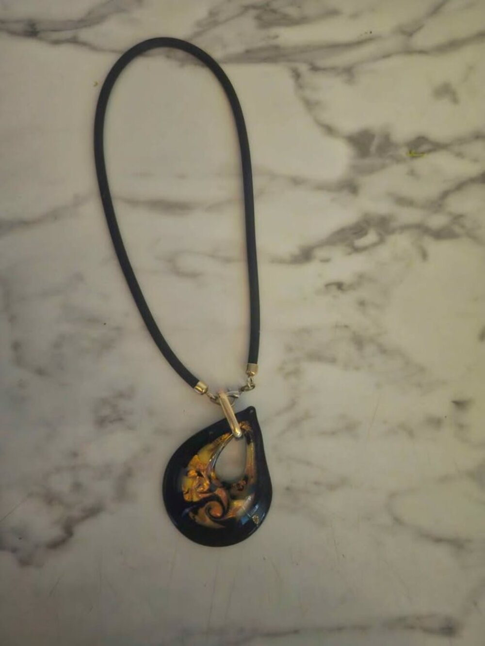 Vintage Murano Glass Teardrop Pendant Necklace - Black & Gold Foil